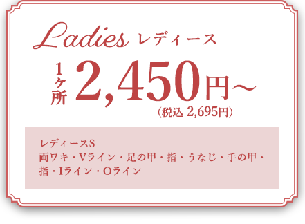 ladies　レディース　１カ所2,695円（税込）～　レディスS　両ワキ・うなじ・VIO・手の甲・指・足の甲・指